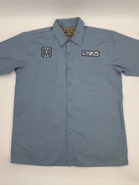 Vintage West Coast Choppers Jesse James Mechanic Shirt Blue Biker Work Men L